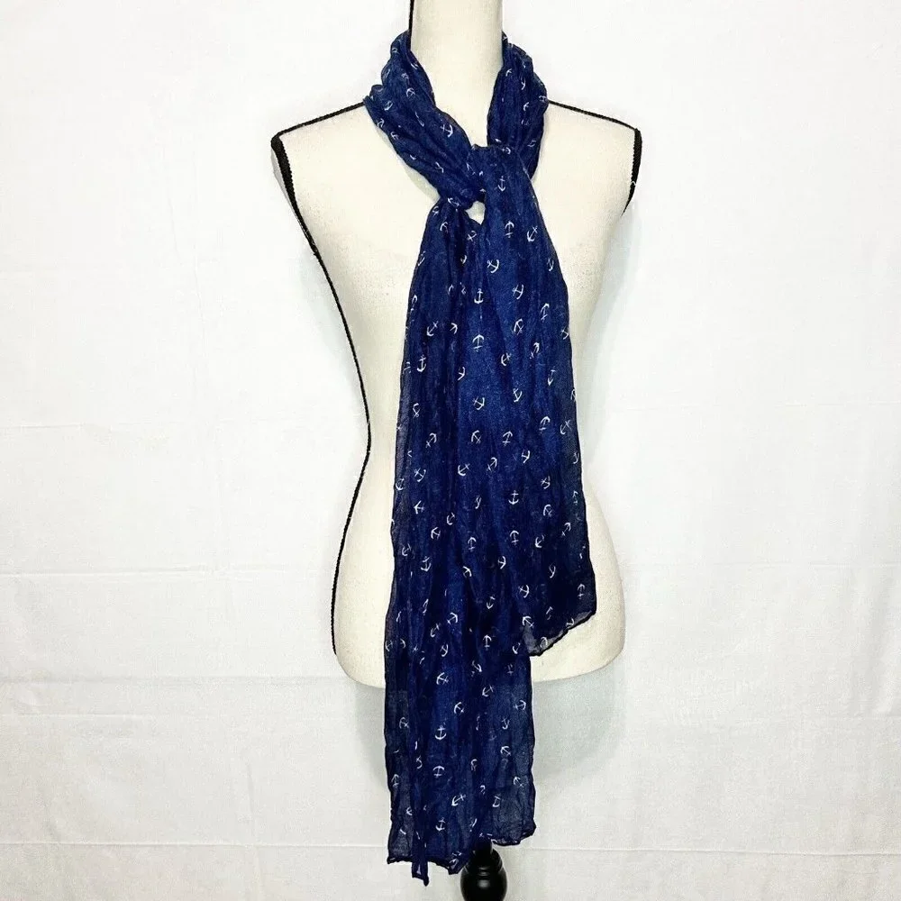 Nautical Marine Anchor Pattern Print Scarf Semi-Sheer Approximately 70x20